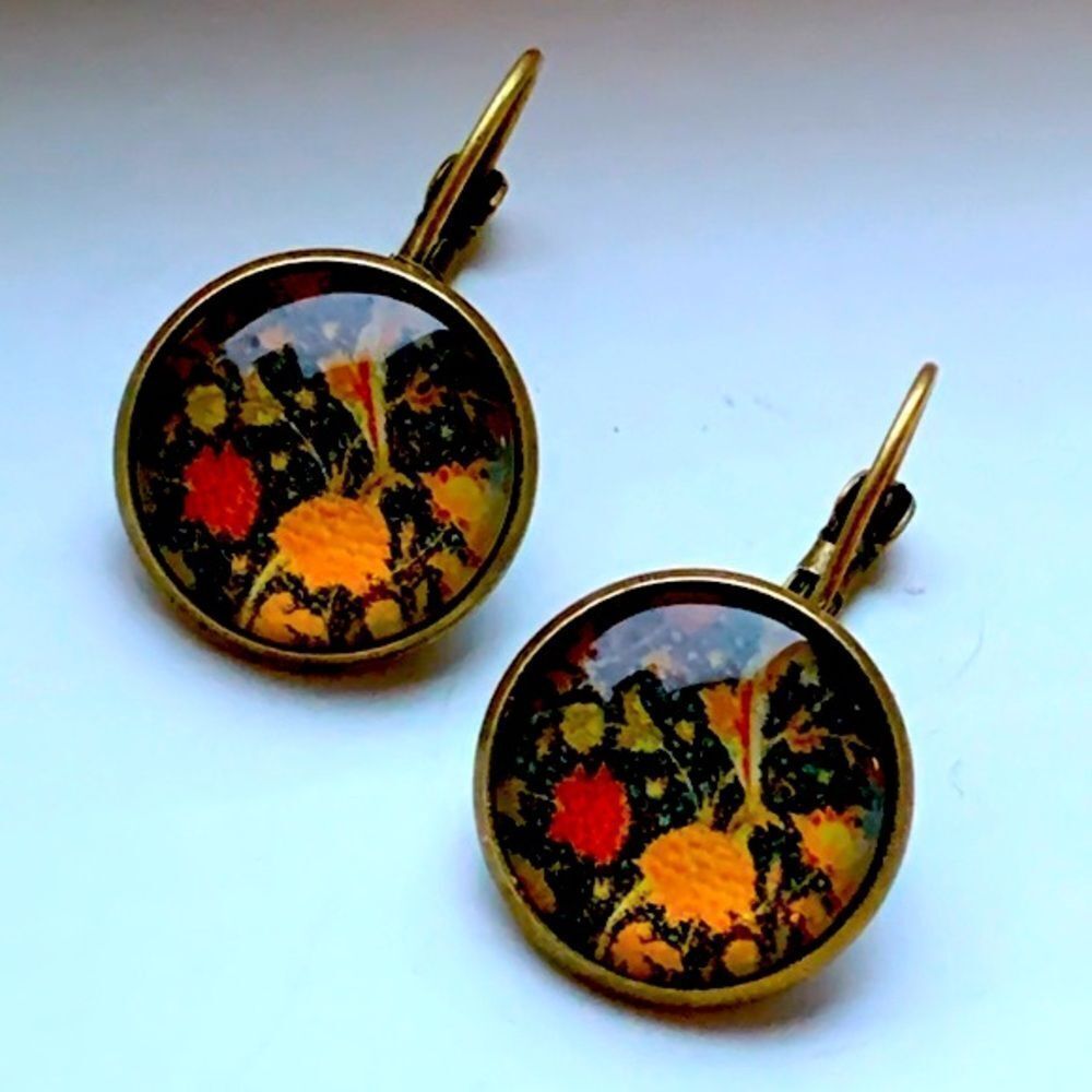 Gilded Black Chiyogami Earrings Glass Cabochon Handmade Men’s Dangles